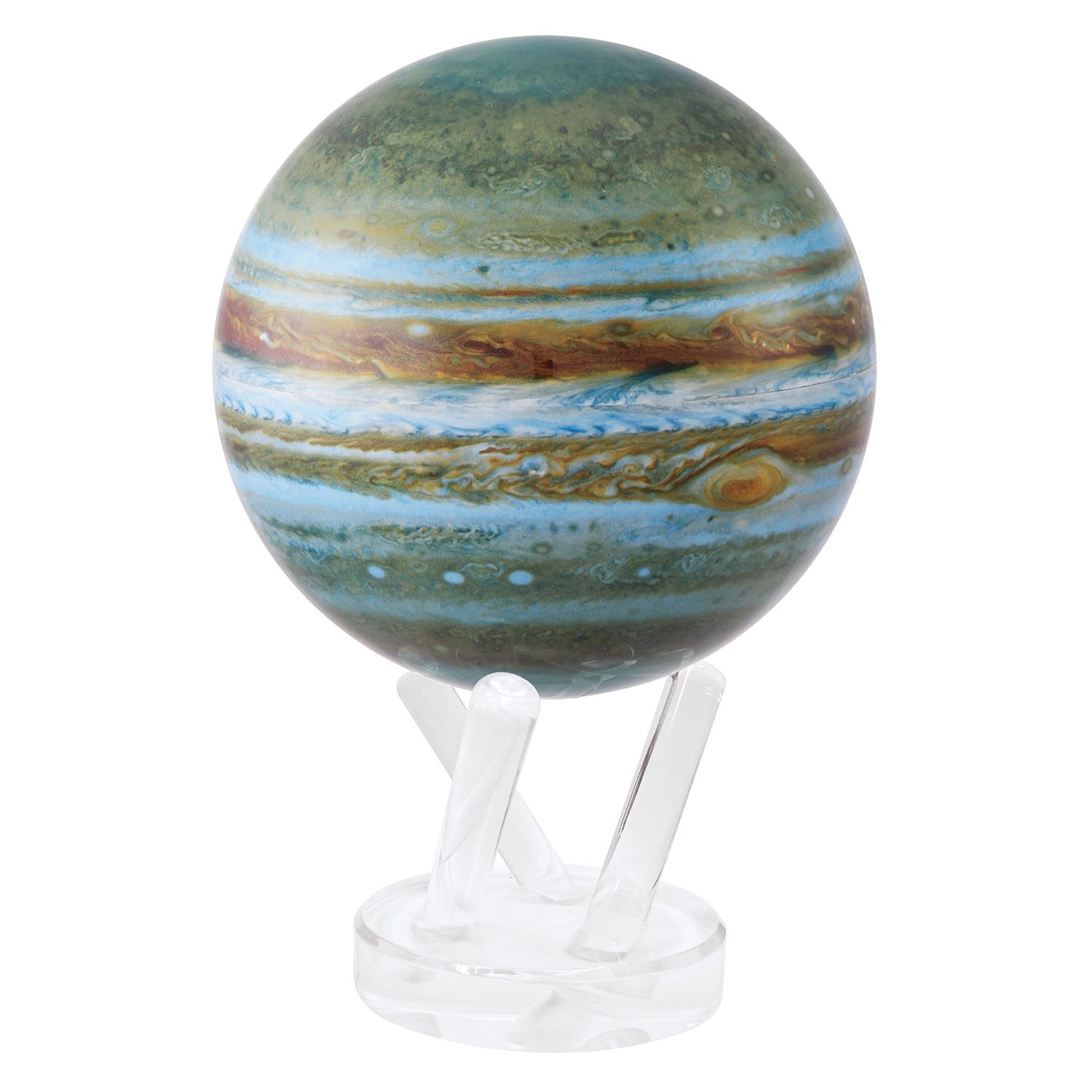 A 4.5 inch diameter globe model of Jupiter with detailed blue and brown bands, placed on a clear stand in white background.