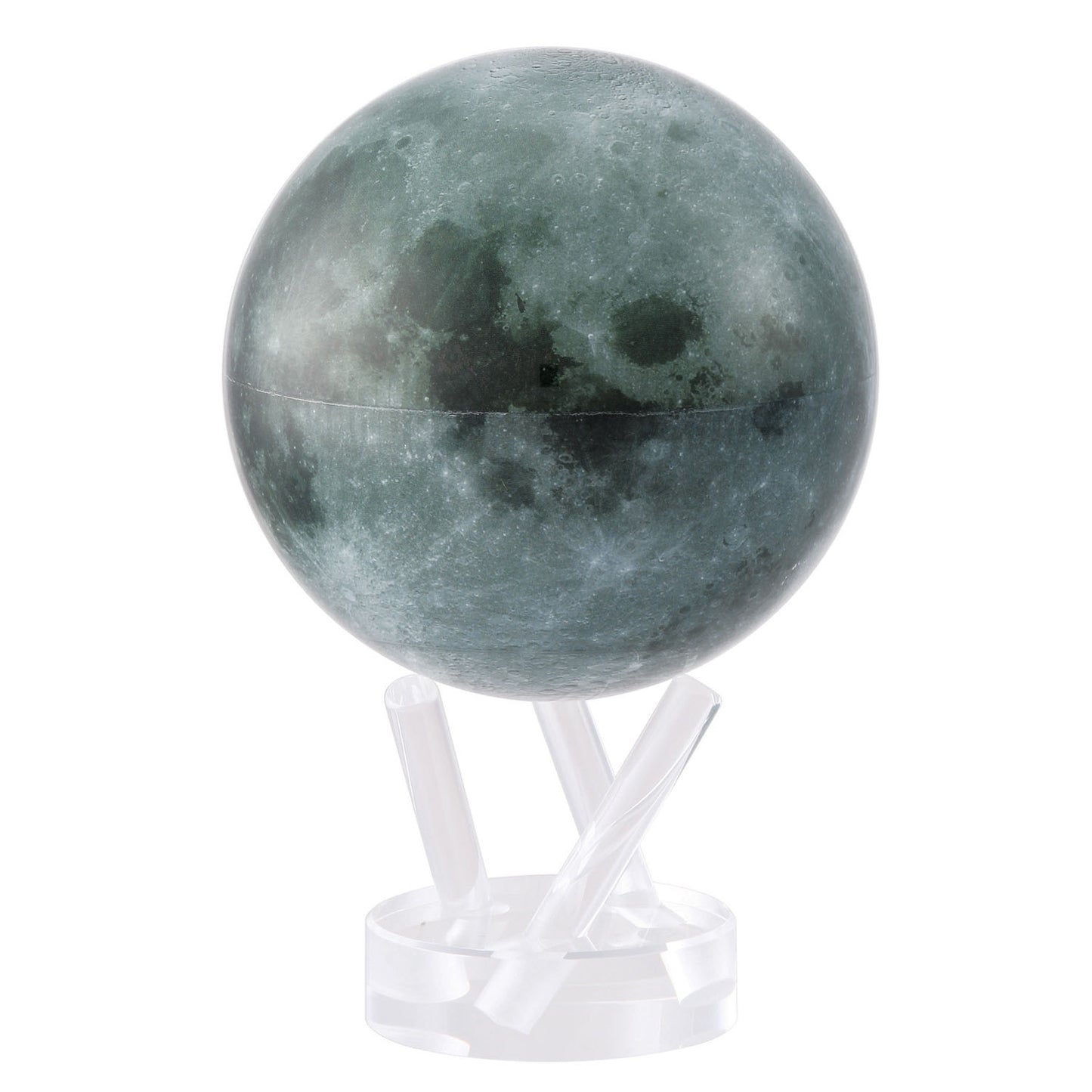 A realistic model of the moon on a clear stand, depicting its gray surface with craters in closeup view.