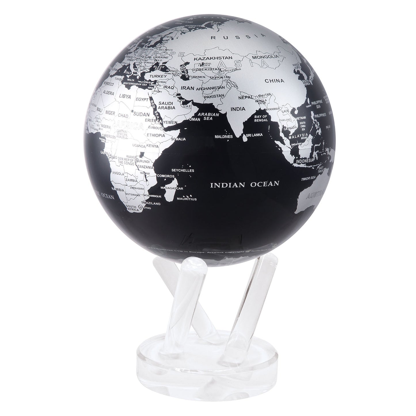 A medium size black and silver MOVA globe with a world map, placed on a clear stand against a white background.