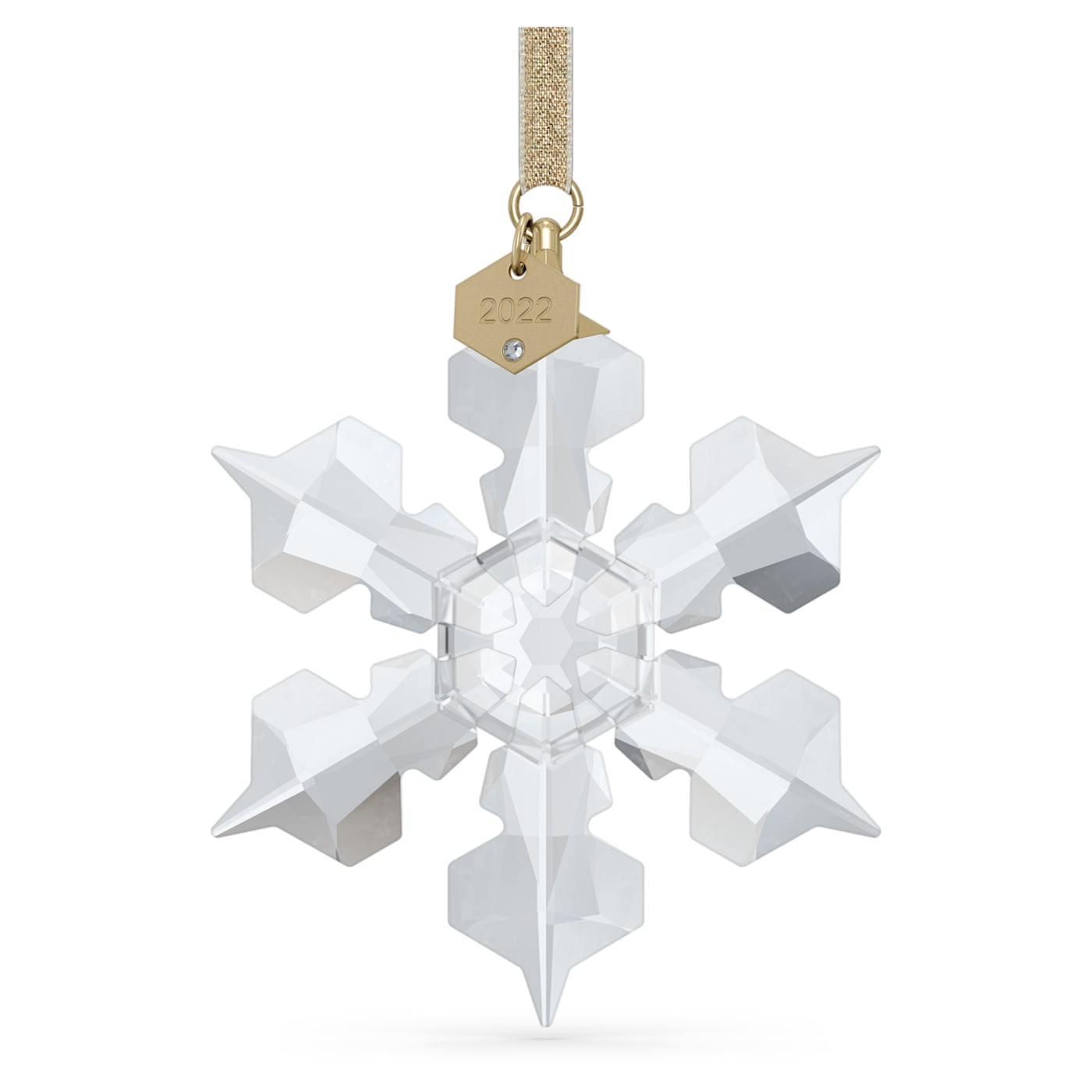 A clear crystal snowflake ornament with gold-tone lamé ribbon and champagne-gold tone accents, designed by Michele Blasilli.