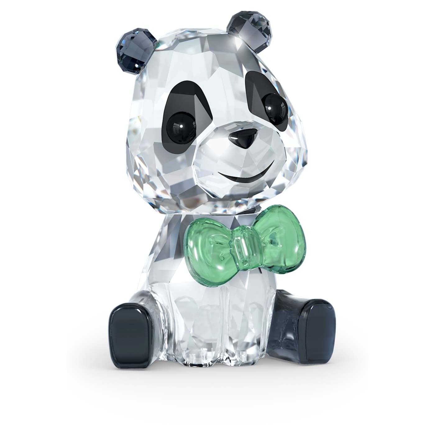 A crystal figurine of a baby panda with a green bow tie.