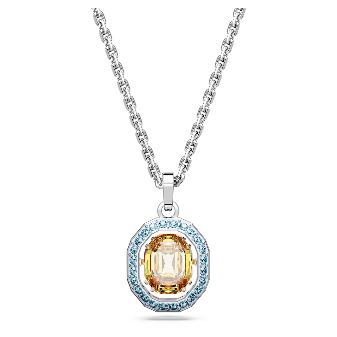 Rhodium plated octagon cut pendant with multicolored gemstones surrounded by blue crystals.