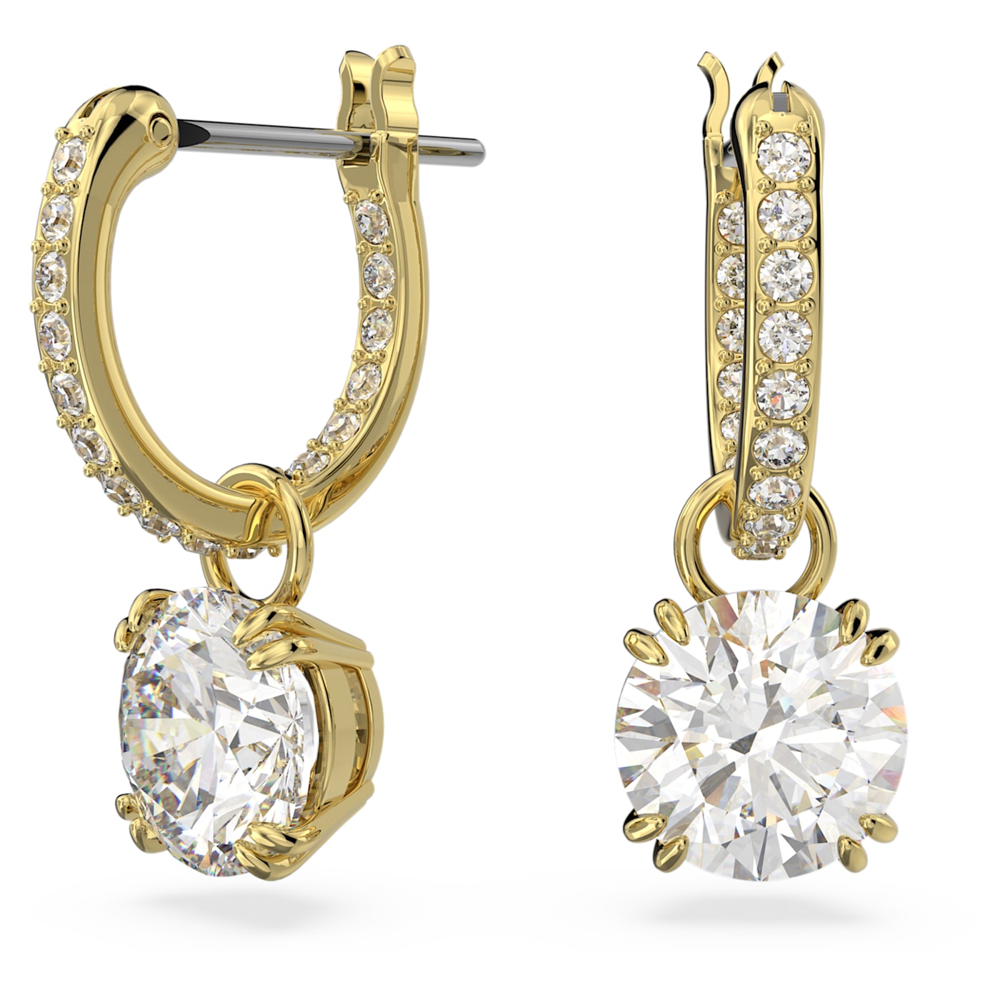 A pair of round cut white drop earrings with gold-tone plating.