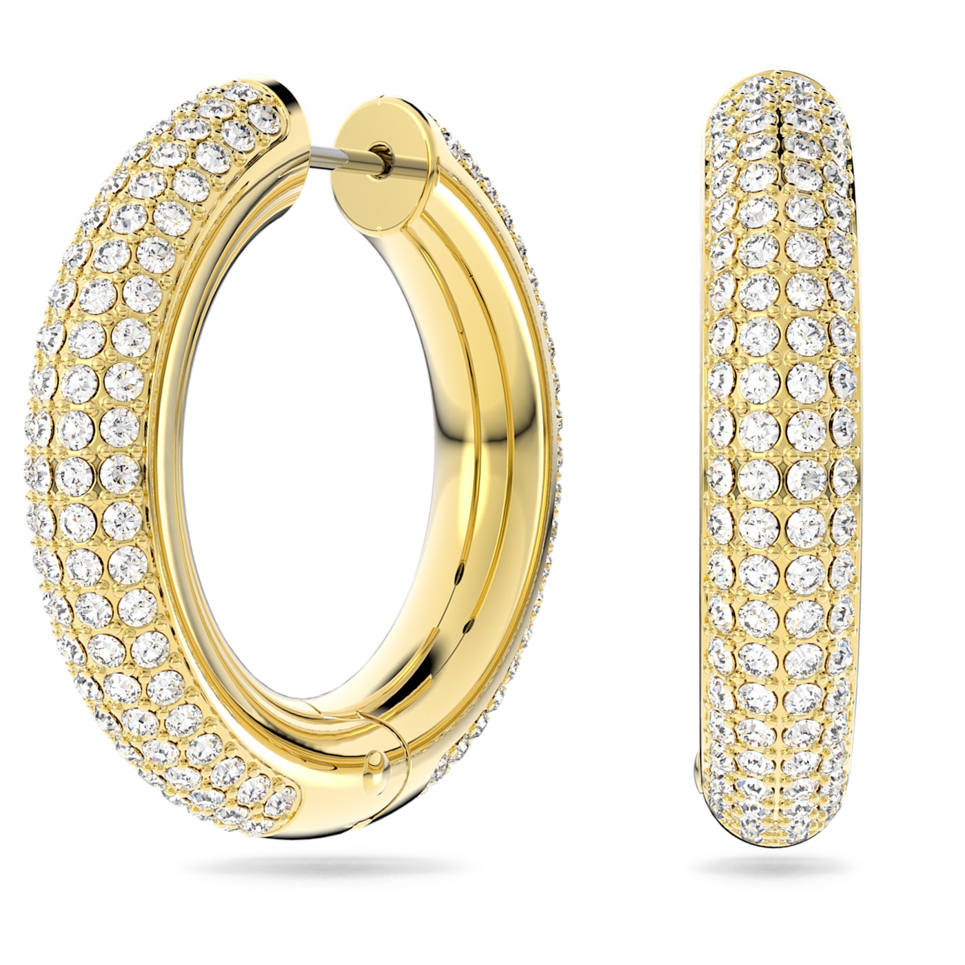 A pair of medium-sized, gold-tone plated hoop earrings with white crystals embedded in the setting, viewed from the side.