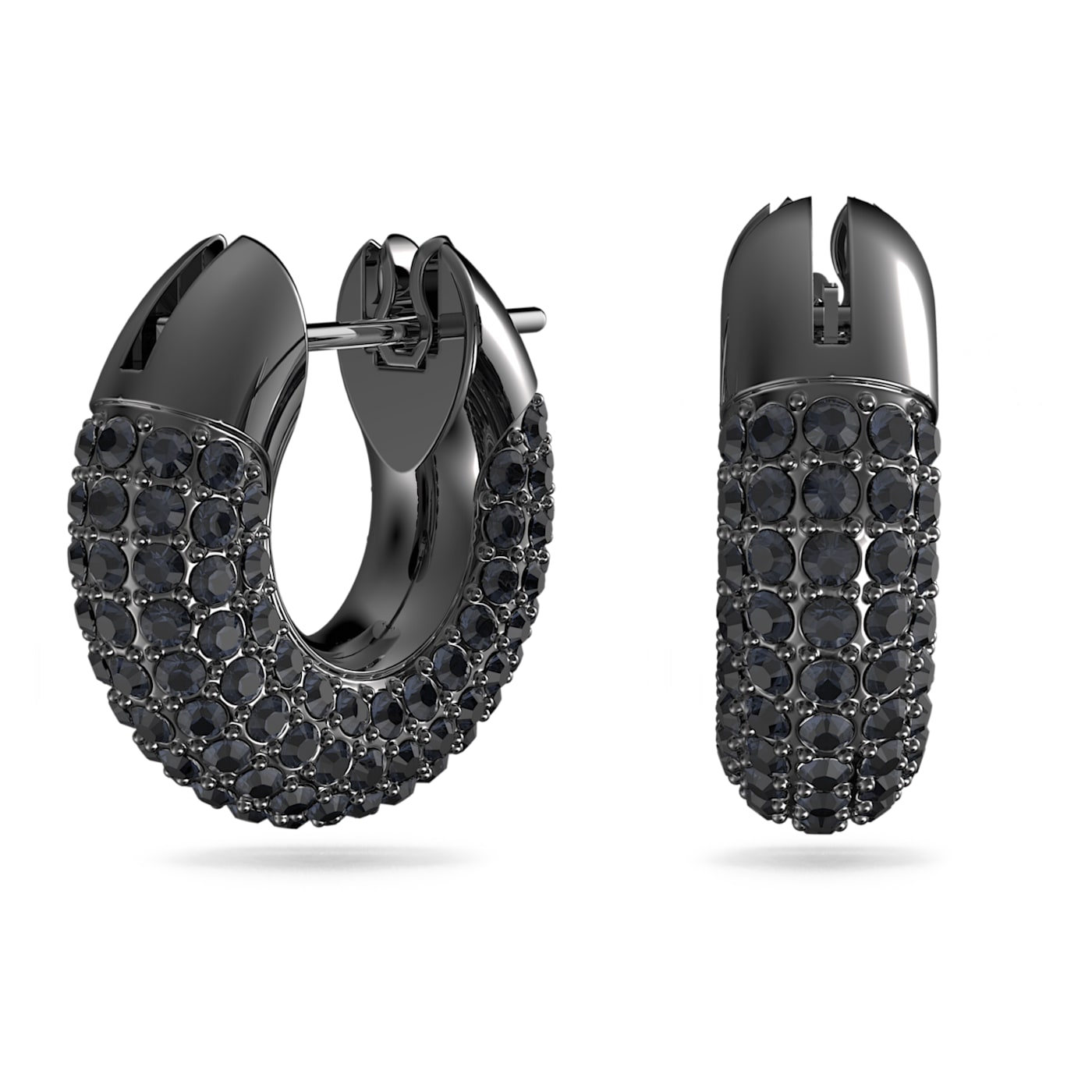 A pair of black hoop earrings with a pave design, featuring a ruthenium plated frame and foiled crystals.