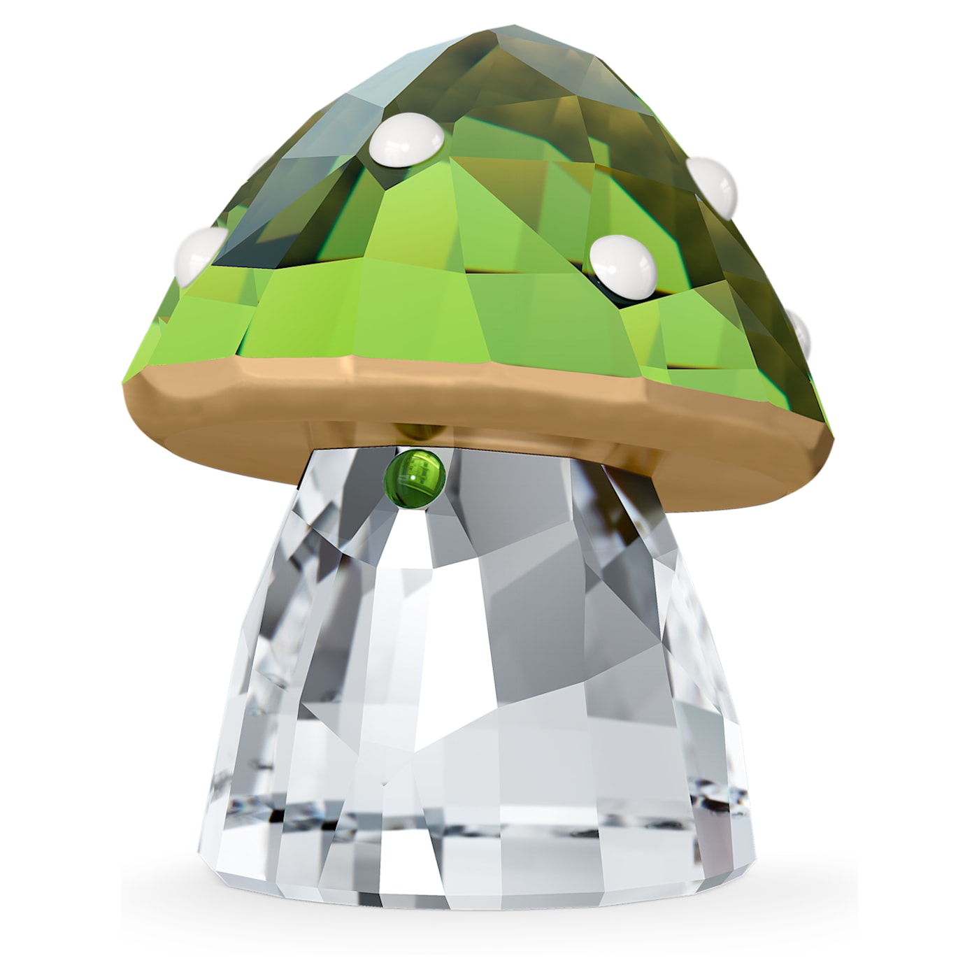 A crystal mushroom decoration with a green cap, white and clear crystal body, and a bronze-colored underside.