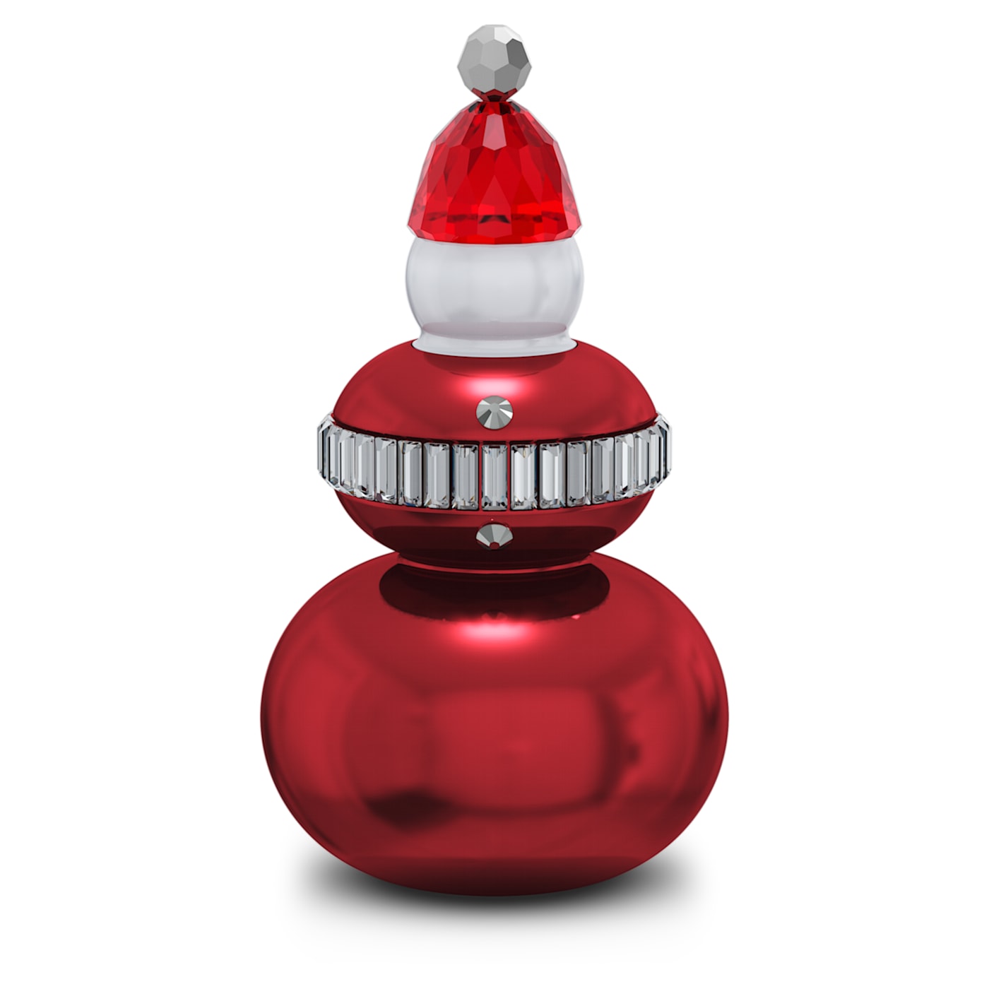 A crystal Santa Claus decoration with a red body, white and silver accents, and a chrome effect around the middle.