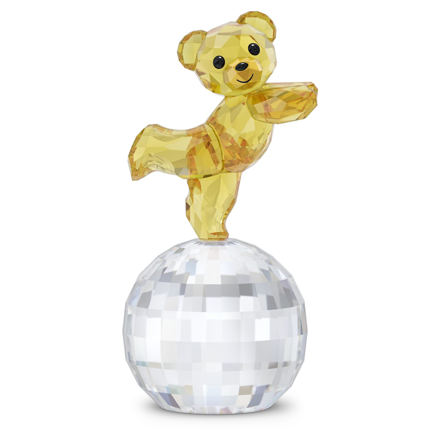 A crystal figurine of a bear standing on a round base, with the bear displaying a golden-yellow hue and the base having a clear, faceted design.