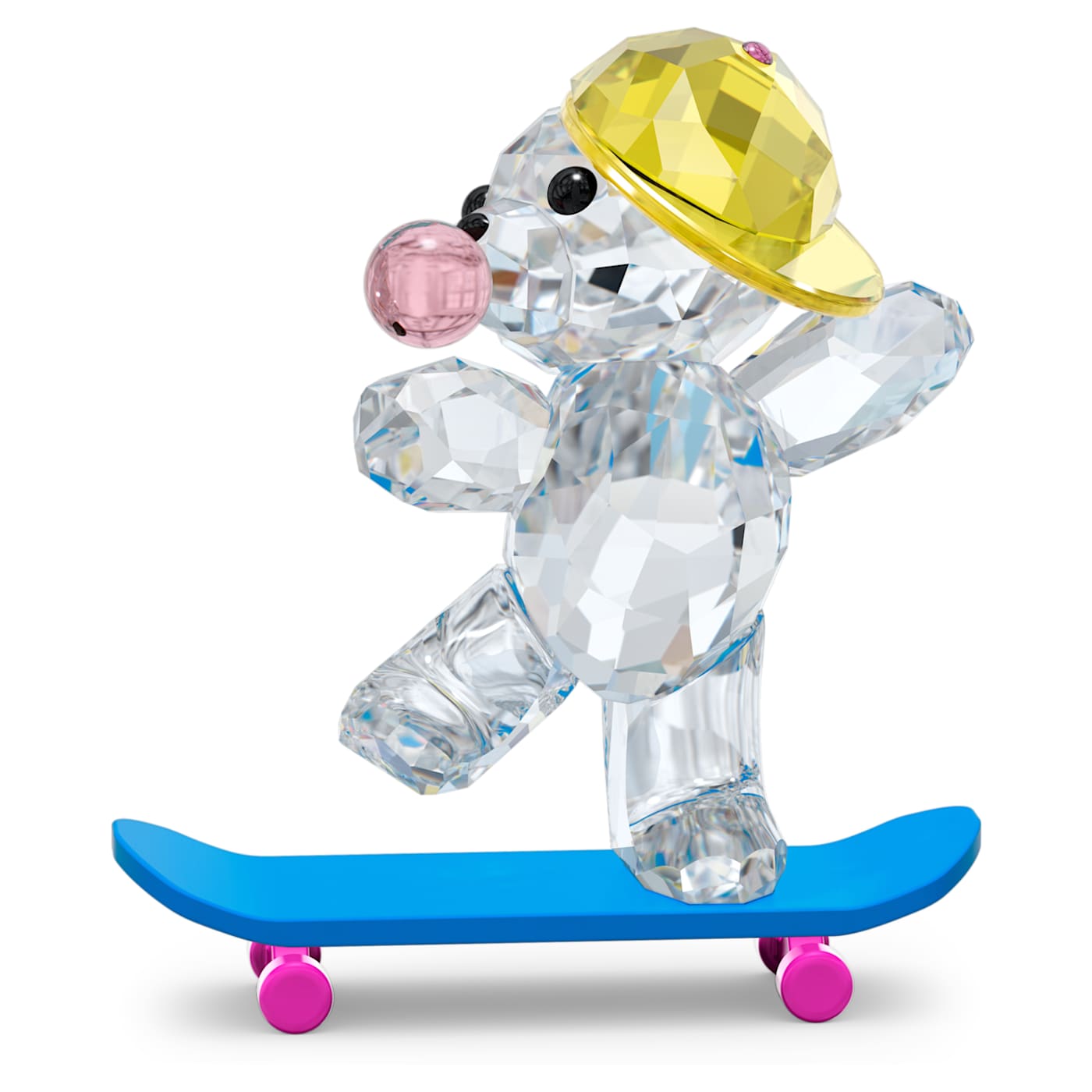 A Kris Bear on Skateboard shines in clear crystal with a yellow cap, pink bubblegum, and a pink and blue lacquered skateboard.