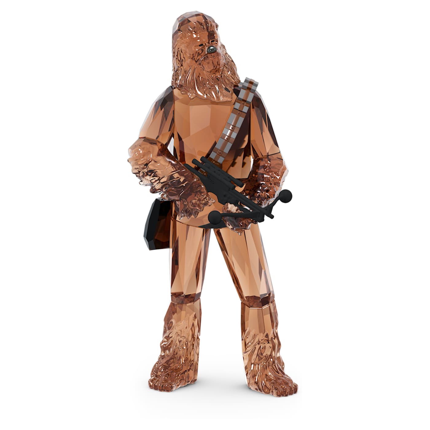 A Swarovski crystal figurine of Chewbacca from the Star Wars franchise, crafted in brown crystal with black metal and lacquered details.