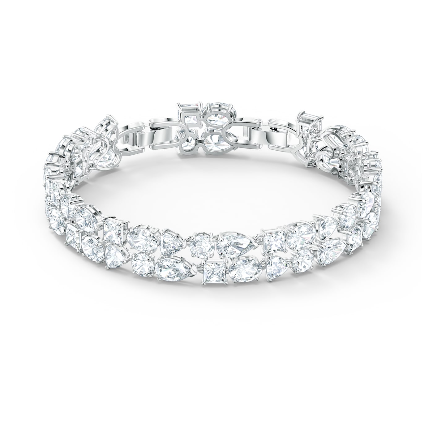 A deluxe bracelet with mixed cuts, featuring white rhodium-plated stones in a foldover clasp design.