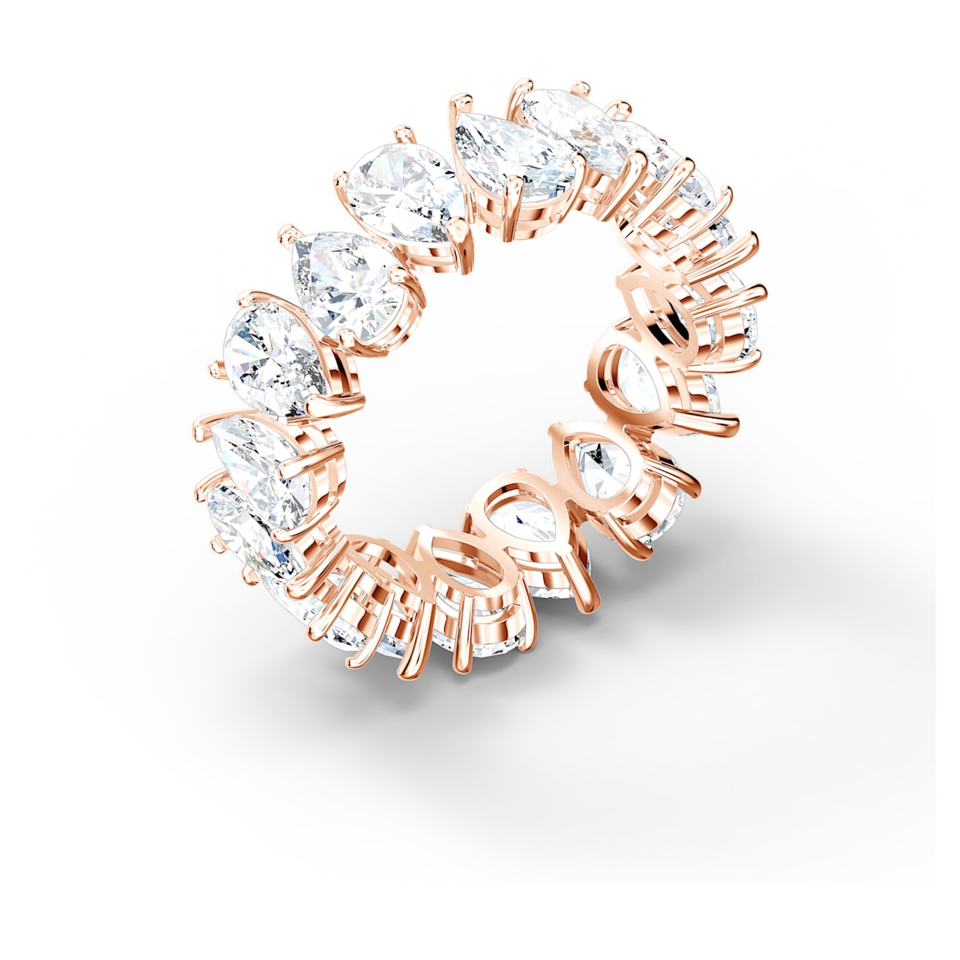 A rose gold-tone plated band ring with pear cut white zirconia stones arranged in a single row
