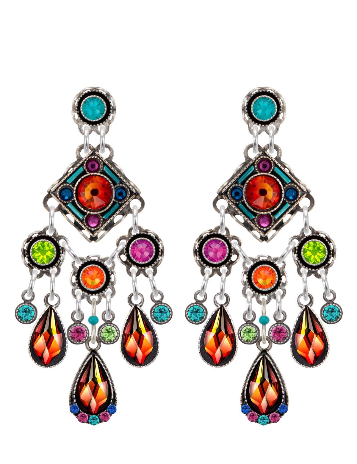 Firefly earring featuring bright multi colors stones on white background