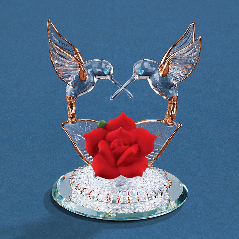 Two Glass Hummingbirds with red rose