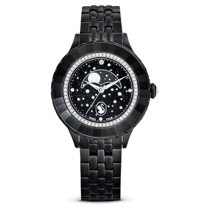 A black Octea Moon watch with a metallic bracelet and a black finish, featuring a black dial decorated with crystals, a moon phase function, and a swan logo at 6 o'clock.