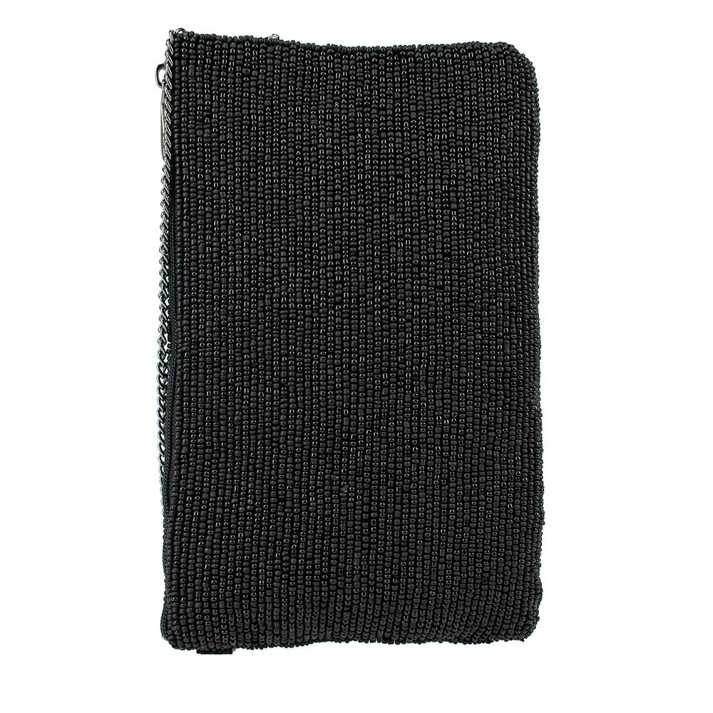 Black beaded clutch on a white background