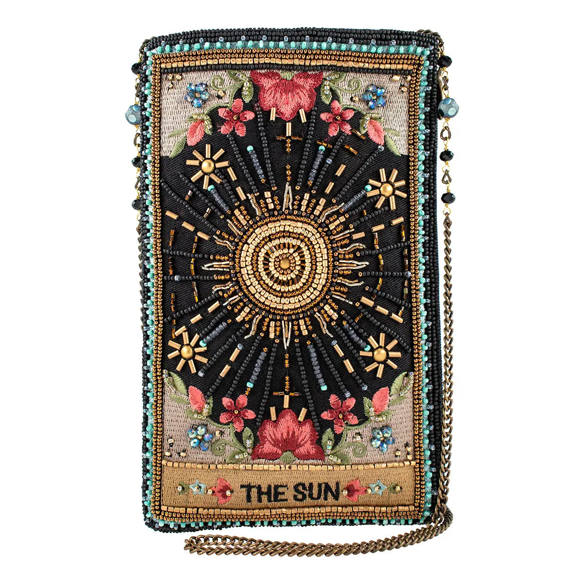 A multicolored beaded crossbody phone bag with a sun and floral design and the text 'THE SUN' at the bottom.