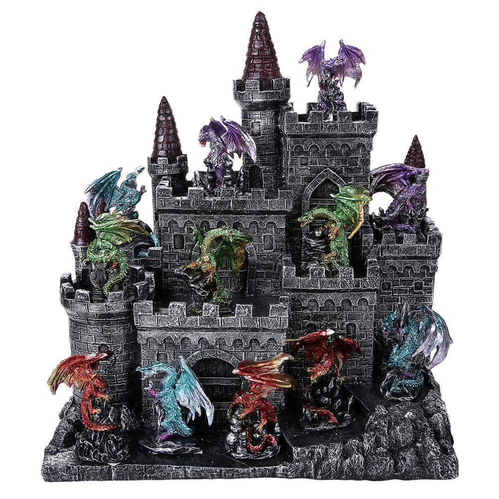 Decorative castle with colorful dragons on a white background