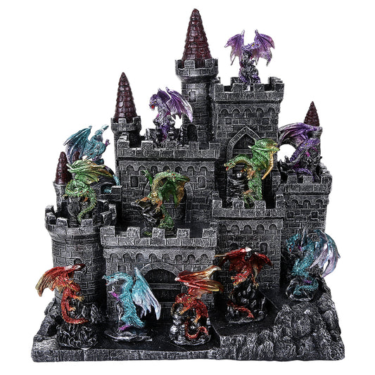 Decorative castle with colorful dragons on a white background