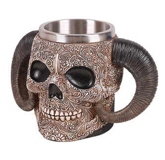 Decorative skull mug with ram's horns on a white background