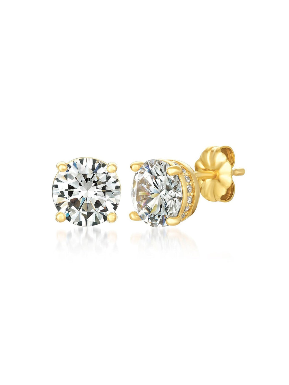 A pair of medium-sized round stud earrings with a gold finish and clear cubic zirconia stones.