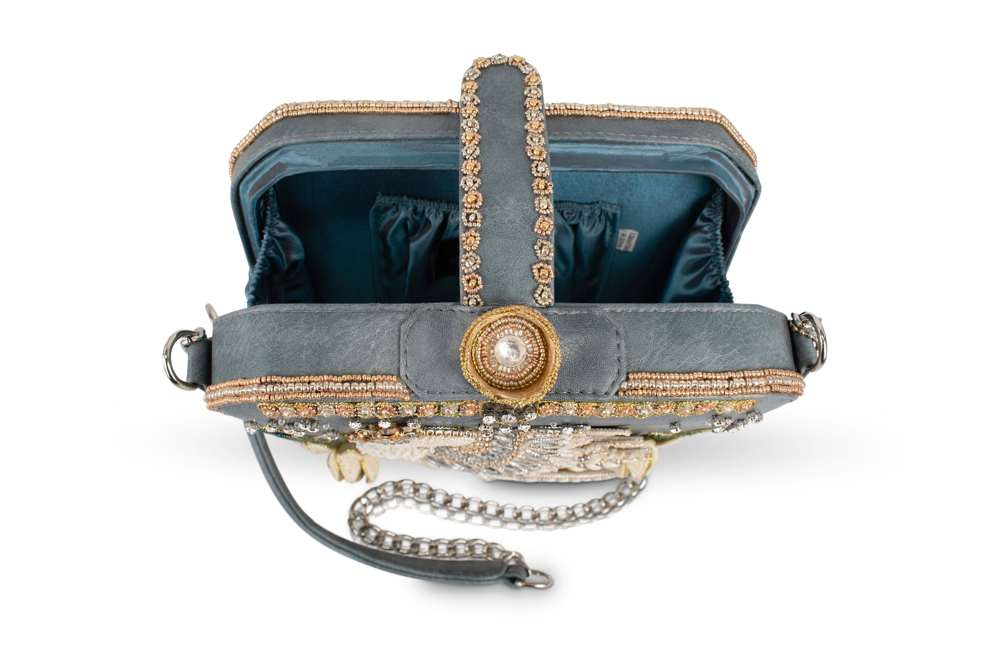 An ornate gray leather clutch bag with gold and silver embellishments, shown open against a white background. The clutch features a gray leather exterior decorated with gold and silver beadwork, a large round gold-tone button with a pearl center, and a silver-tone chain strap.