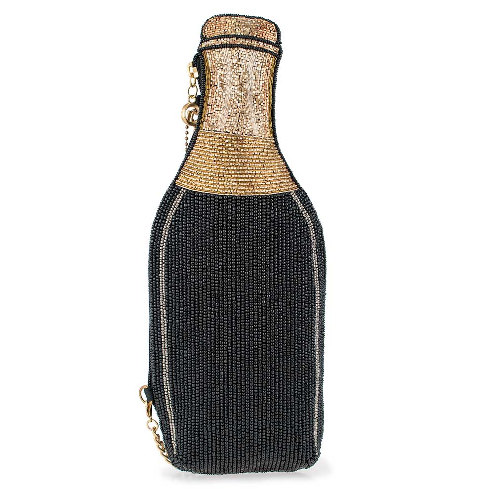 A beaded handbag designed to resemble a champagne bottle of back view.