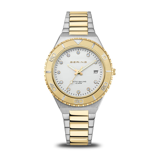 Two-tone watch with gold and silver band on a white background