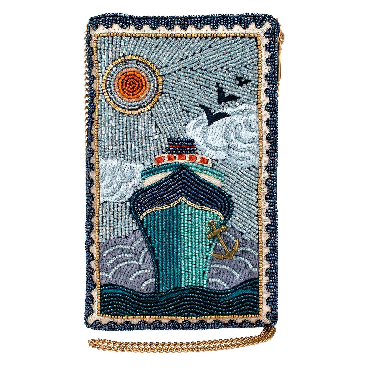 Beaded pouch with nautical design featuring a ship, sun, and waves on a white background.
