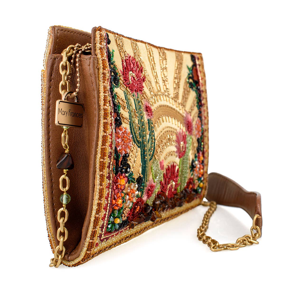 Embroidered clutch with floral and cactus design on a white background