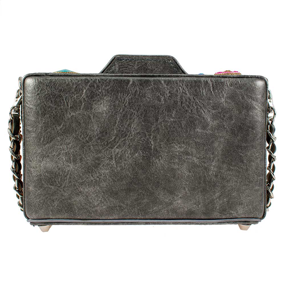 Black leather handbag with chain strap on a white background