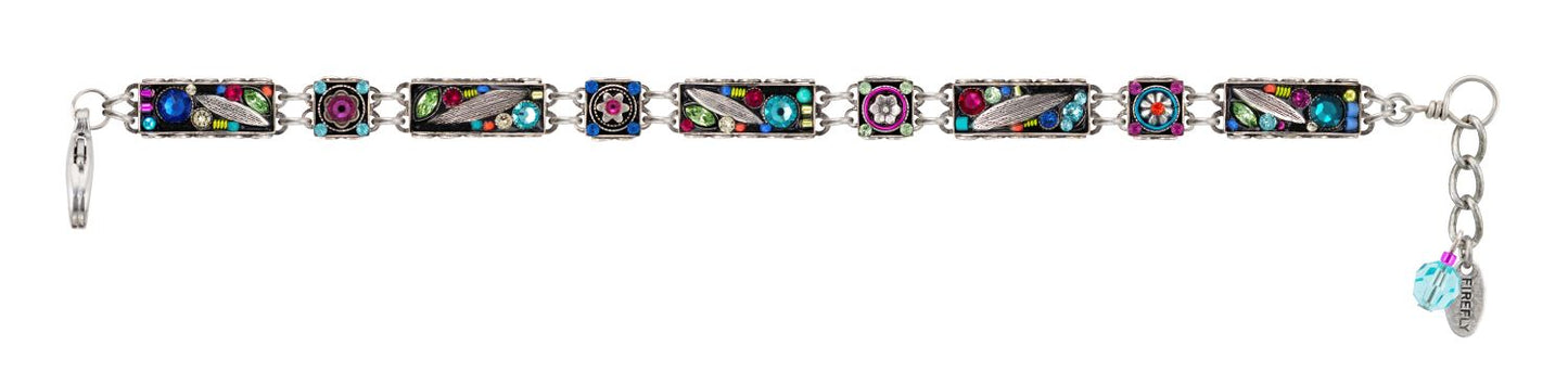 Multicolored beaded bracelet with a keychain on a white background