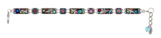 Multicolored beaded bracelet with a keychain on a white background