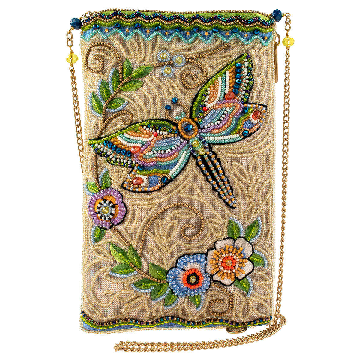 Decorative handbag with beadwork, floral patterns, and a dragonfly design on a white background.
