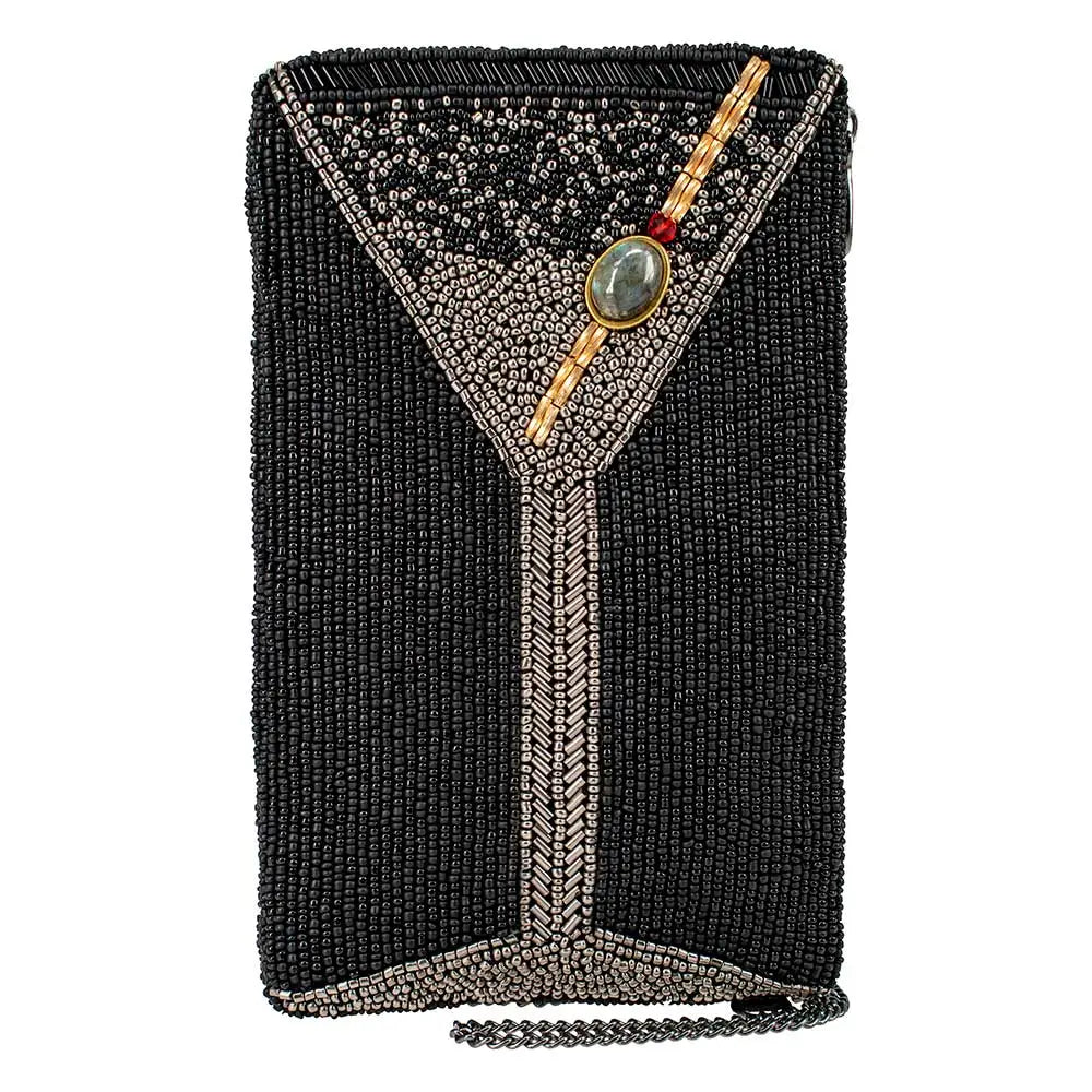 A black beaded crossbody phone bag designed to resemble a martini glass, featuring a chain strap and a decorative button.