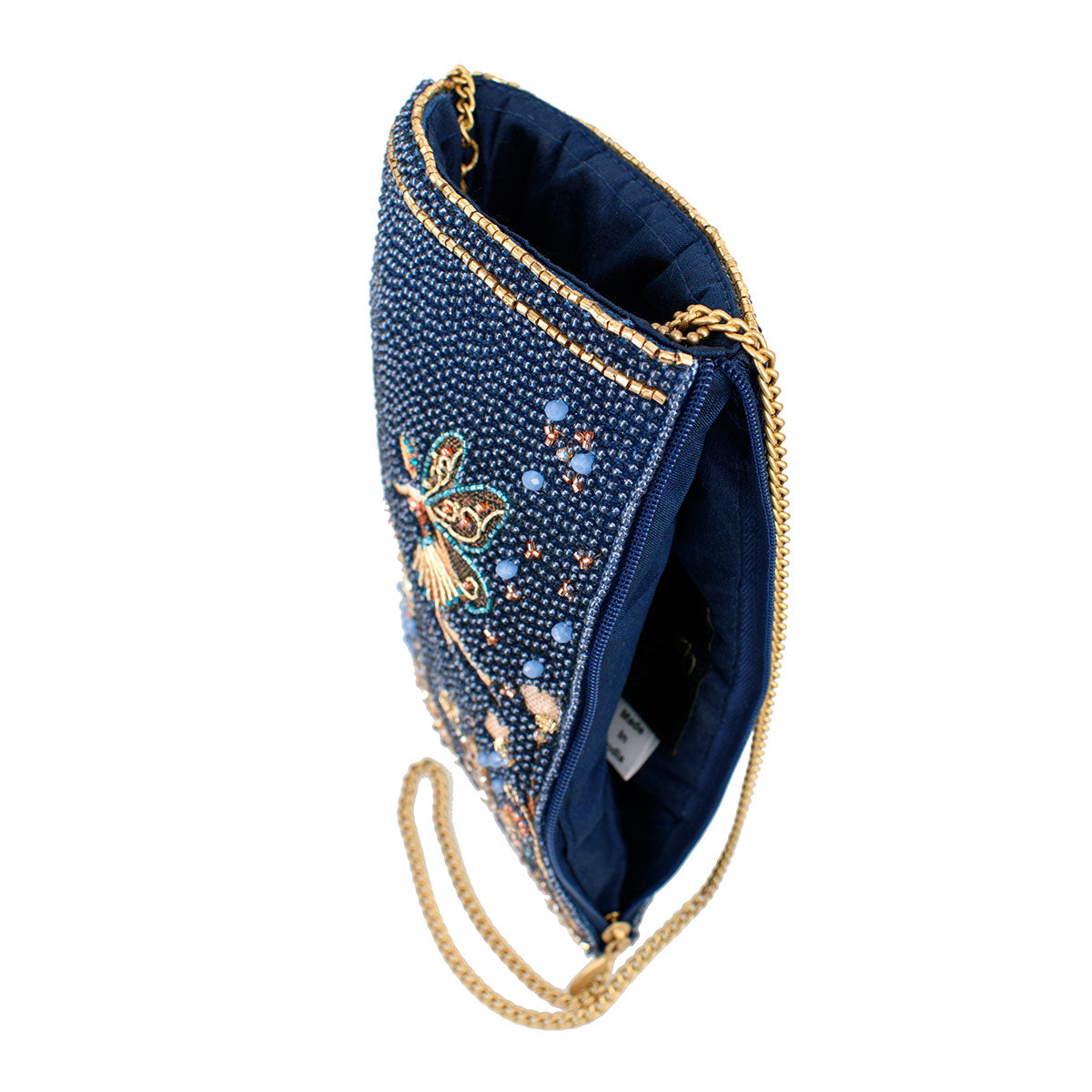 Blue handbag with gold embellishments on a white background