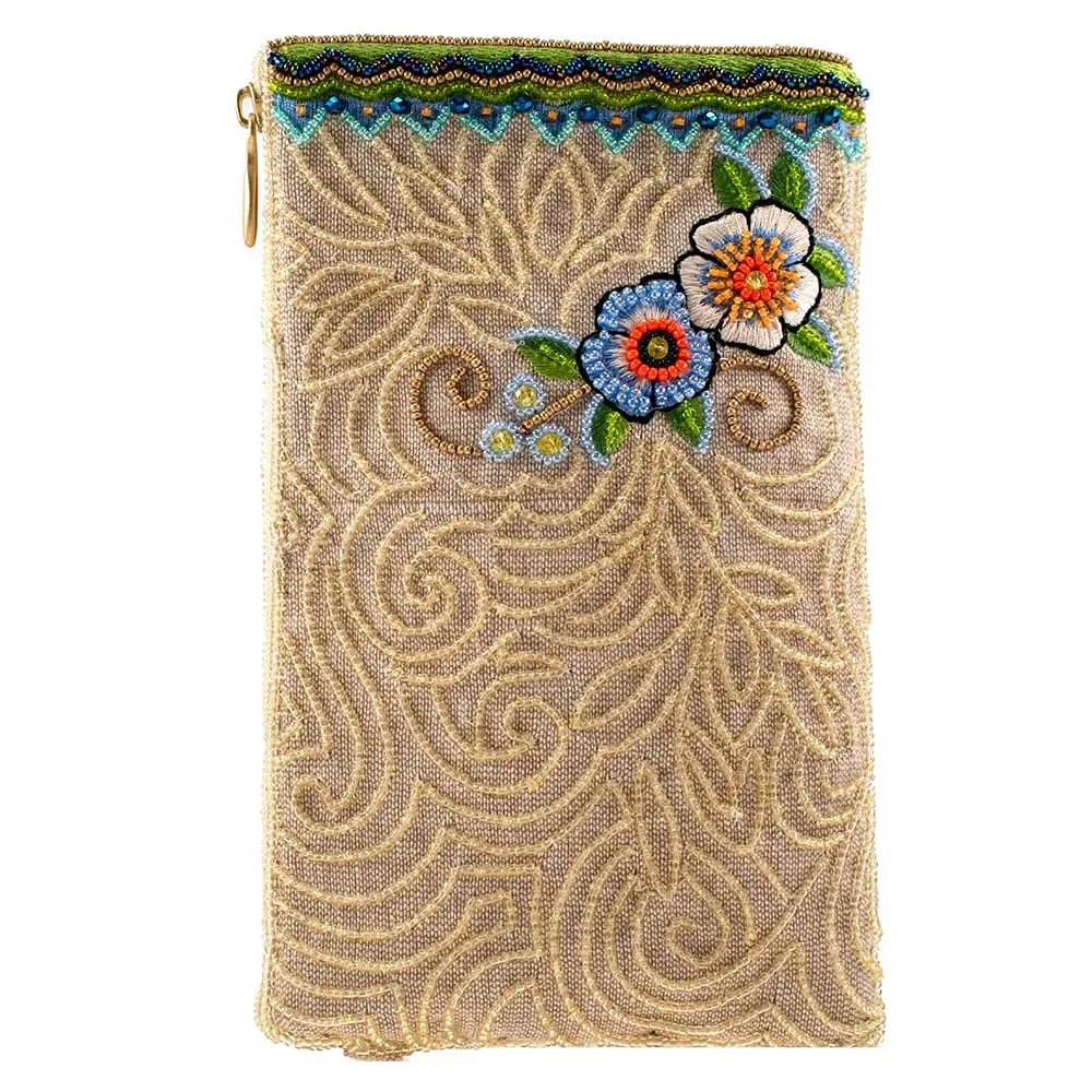 Decorative pouch with floral embroidery on a beige background