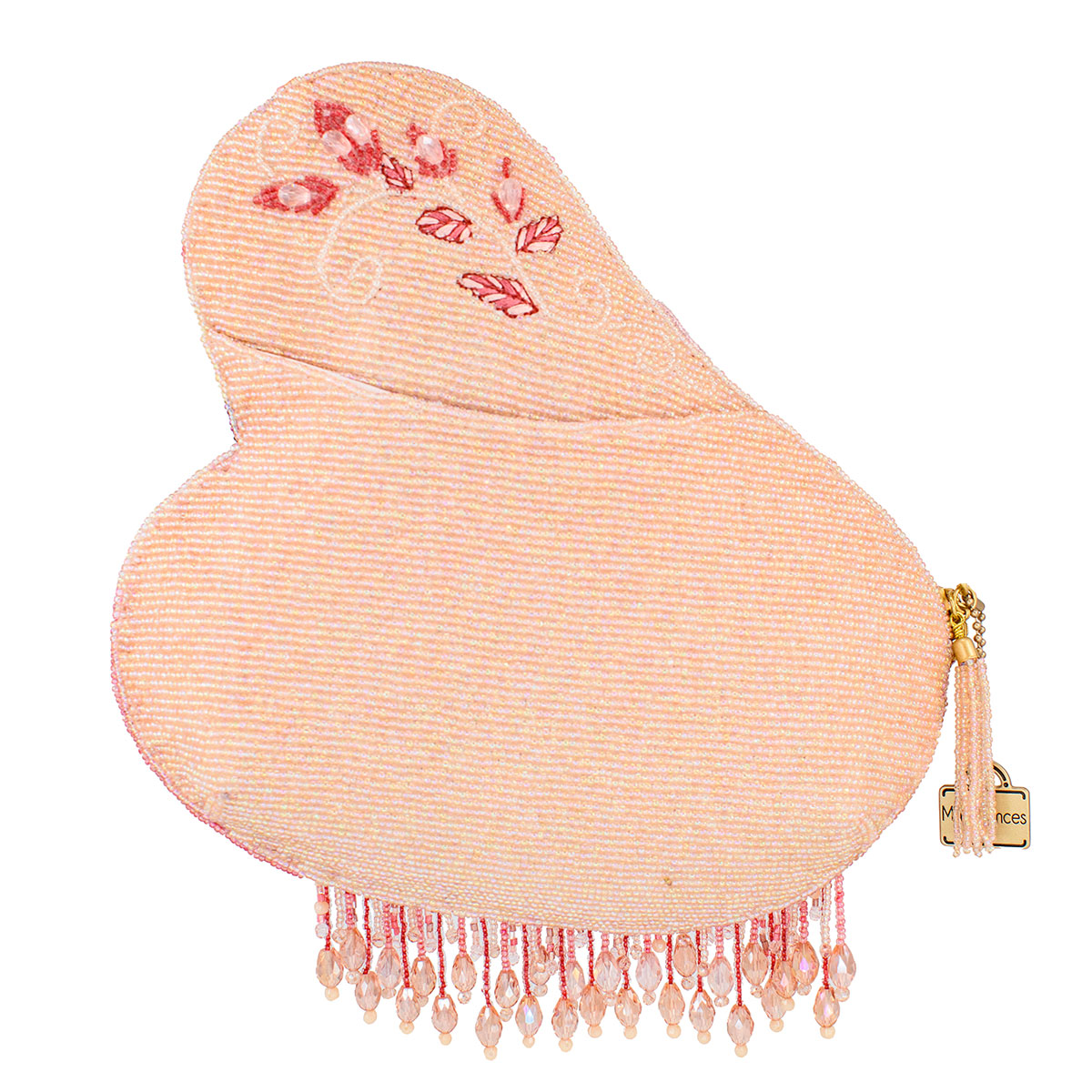 Heart-shaped clutch with beaded fringe and gold clasp on a white background