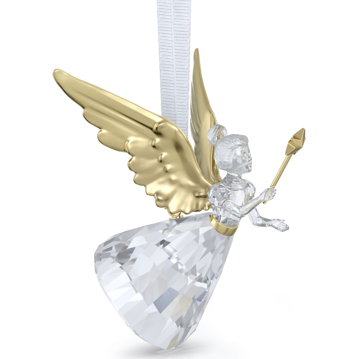 A crystal angel ornament with gold wings and a golden staff, hanging from a ribbon.