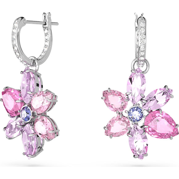Gema drop earrings, Mixed cuts, Flower, Pink, Rhodium plated 5658397