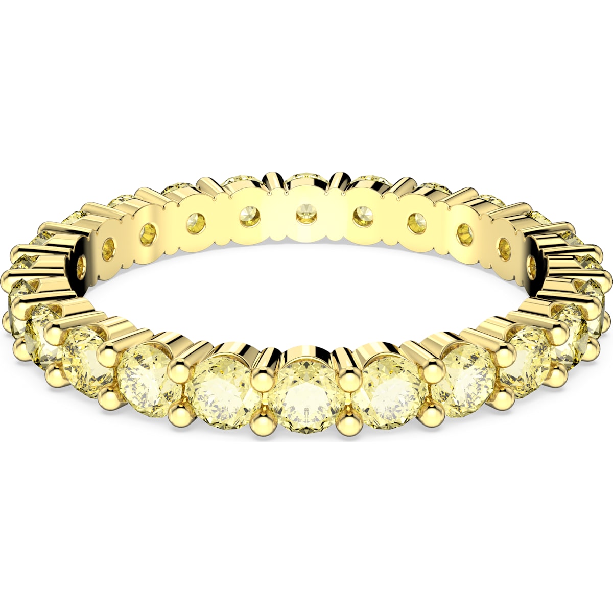 A gold-tone plated ring with a row of round yellow cut stones set in high-shine gold-tone plating.