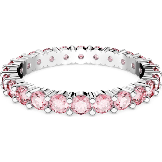 A rhodium-plated ring with round cut pink stones set around its entire circumference.