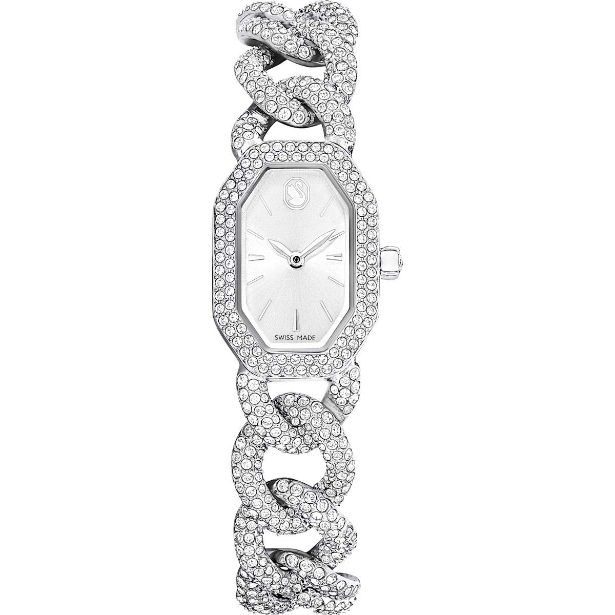 A silver tone Swarovski watch with a crystal bracelet and a square dial, featuring a pavé bezel and a fold over clasp.