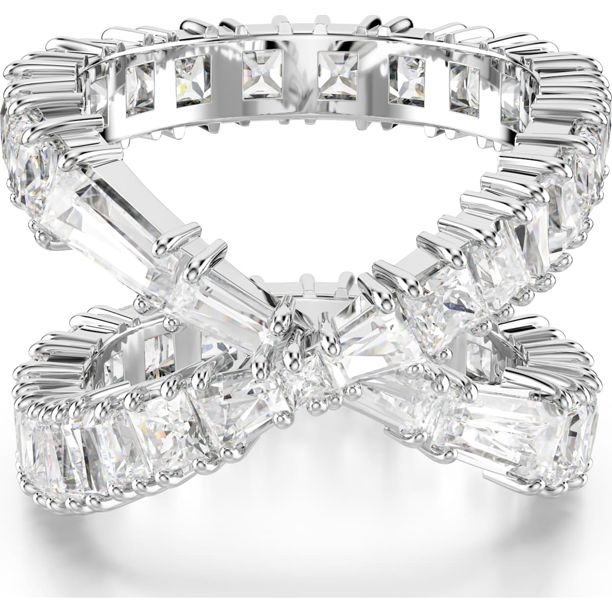 A silver-tone finish ring with white crystals arranged in a hyperbola pattern.