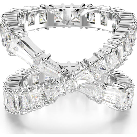 A silver-tone finish ring with white crystals arranged in a hyperbola pattern.