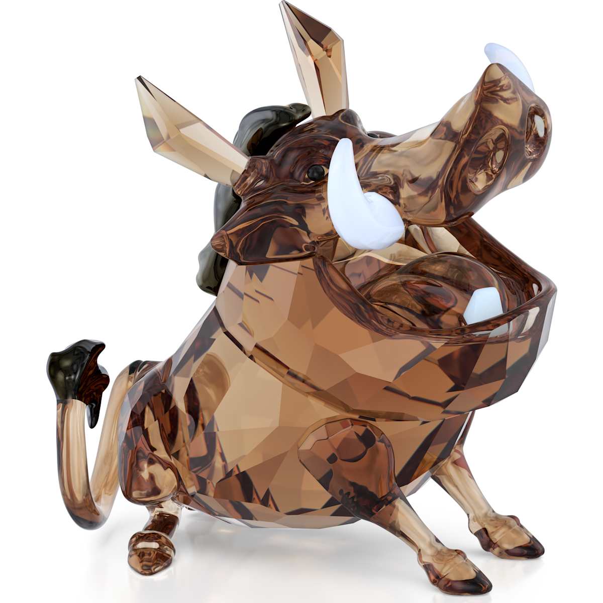 A Swarovski crystal figurine of Pumbaa from The Lion King, with a camouflage-like pattern and shiny accents.