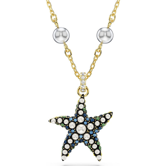 A gold-tone plated necklace with a multicolored crystal pearl starfish pendant.
