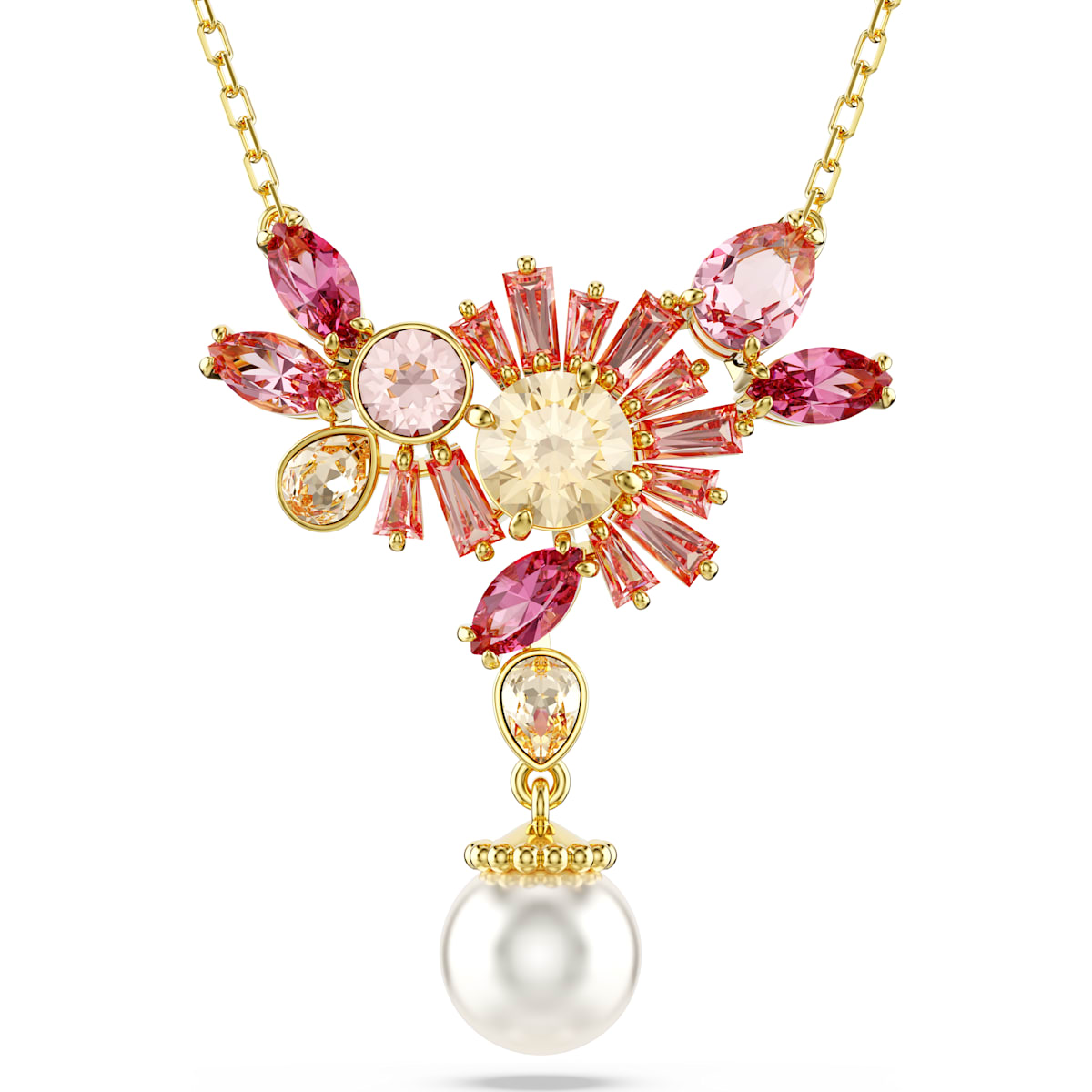 Pendant, Mixed cuts, Crystal pearl, Flower, Pink, Gold-tone plated.
