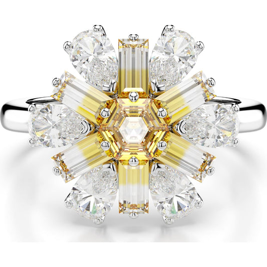 Idyllia cocktail ring, Mixed cuts, Flower, Yellow, Rhodium plated