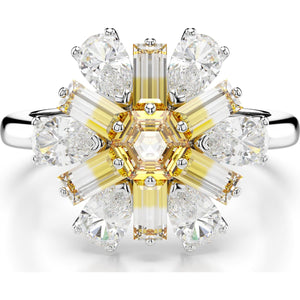 Idyllia cocktail ring, Mixed cuts, Flower, Yellow, Rhodium plated